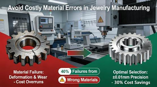 Side-by-side comparison of material selection outcomes in jewelry component manufacturing: faulty material causing gear deformation versus scientifically selected material ensuring precision and cost efficiency.
