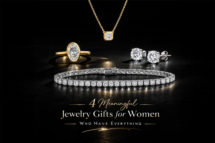 Meaningful lab grown diamond jewelry gifts for women featuring tennis bracelet, stud earrings, pendant necklace and oval diamond ring