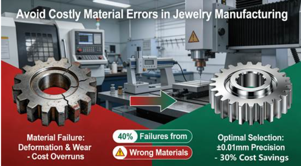 Side-by-side comparison of material selection outcomes in jewelry component manufacturing: faulty material causing gear deformation versus scientifically selected material ensuring precision and cost efficiency.